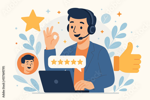 Customer service excellence concept with five-star rating, positive feedback, happy support agent with headset, business satisfaction, online review, quality experience