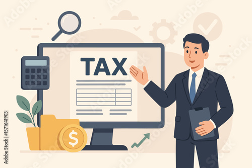 E-tax concept with a businessman presenting an online tax return form. Financial consultant explains individual income tax payment. Electronic filing and government paperwork.