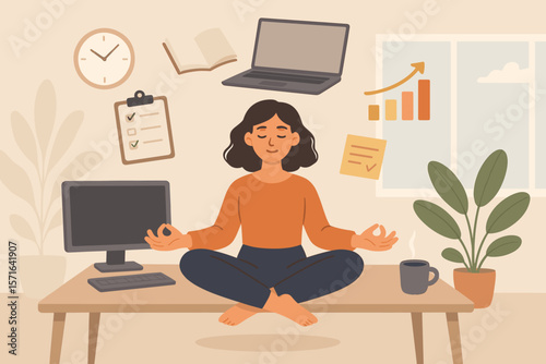 Mindful Office Woman Meditating at Desk, Workplace Wellness, Productivity Balance, Project Management, Stress Relief, Comfortable Work Environment, Modern Business Concept