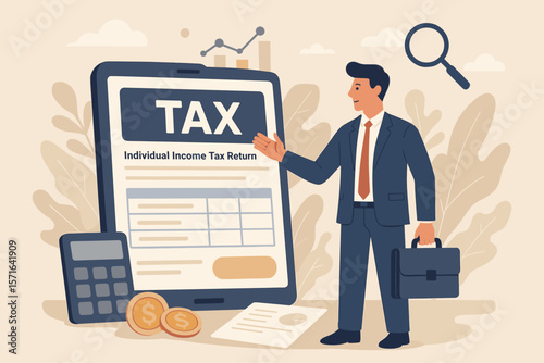 E-tax concept. Businessman files individual income tax return form online. Digital tax payment service. Financial data analysis, government taxes, accounting, paperwork.
