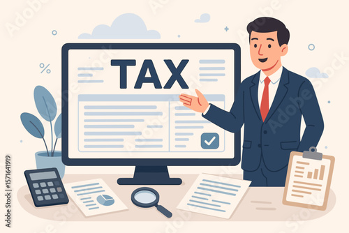 Businessman presents online tax return form on computer. E-tax concept for individual income tax payment. Financial advisor helps with government state taxes, paperwork.