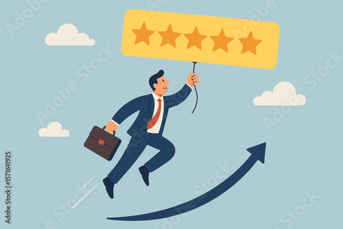 Businessman flying with five-star rating balloon, customer satisfaction review, quality feedback, positive reputation, performance evaluation, best service concept