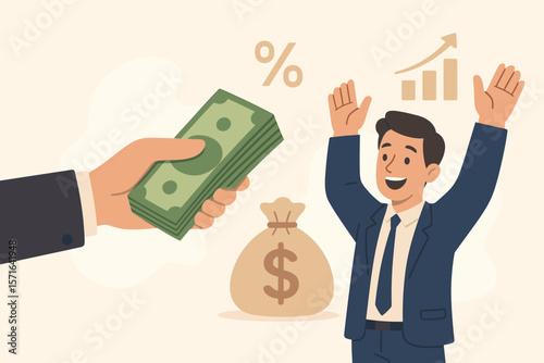 Getting paid concept. Hand giving money to a happy businessman. Salary, wages, bonus payment, reward or employee benefits. Financial success, investment profit, loan or tax refund.