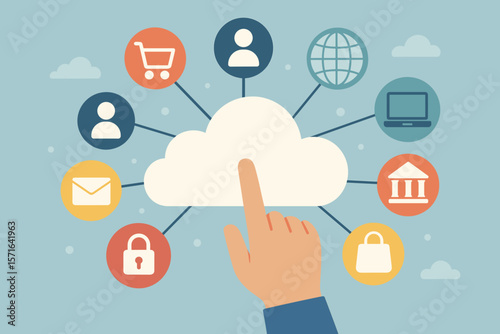 Wallpaper Mural Cloud Computing Infographic with Hand Touching Central Cloud, Connected Technology Icons for Banking, Security, Shopping, Communication, Data, Lifestyle, Internet Services Torontodigital.ca