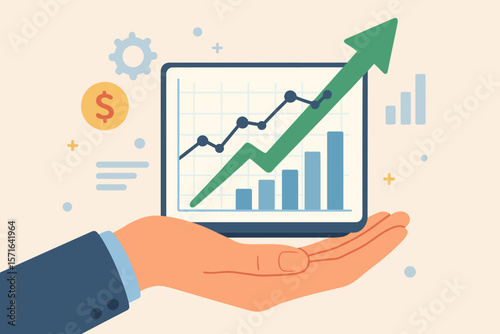 Financial growth analysis concept. Hand holding rising stock market graph, bar chart, upward arrow. Investment, earnings, business strategy, profit, finance, economic success.