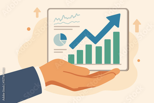 Business hand presenting financial analysis, growth chart, rising bar graph, market investment, earnings, sales strategy, stock market, economic success, data visualization