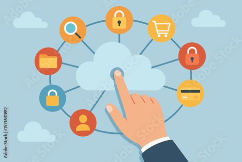 Cloud computing security infographic. Hand touching cloud icon. Centralized data storage, internet banking, e-commerce, privacy, user access, file sharing, network protection