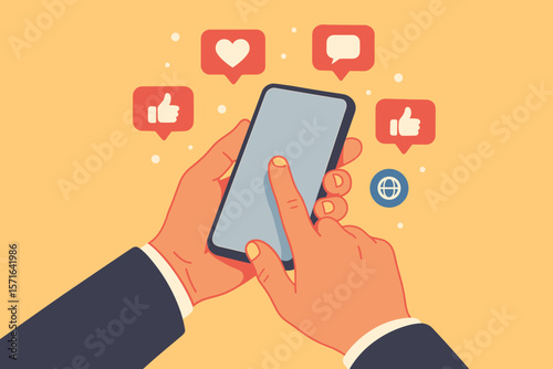 Hands Using Smartphone with Social Media Notifications, Like, Love, Message Icons, Digital Marketing, Online Communication, Social Network Engagement, Modern Flat Vector