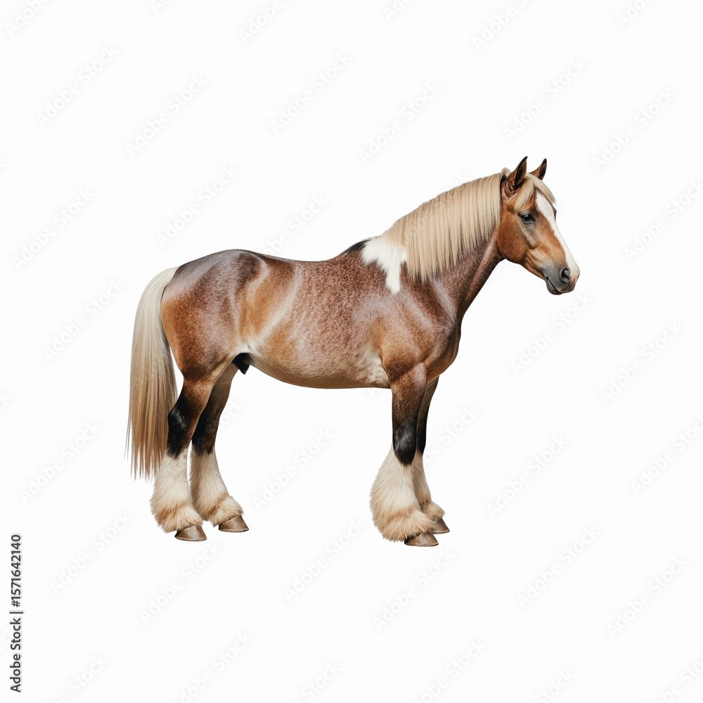 Naklejka premium Haflinger Horse Portrait: A stunning Haflinger horse, known for its distinctive coat and feathering, stands majestically against a plain background. Its chestnut coat is adorned with lighter markings.