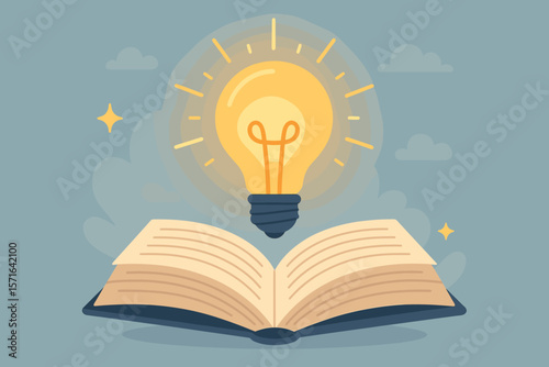Glowing light bulb above open book. Inspiration from reading. Innovation, creativity, self-learning, education, knowledge, business study, idea concept. Modern vector illustration.