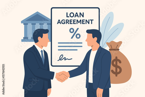 Business Loan Agreement Concept. Borrow Money from Bank. Mortgage, Debt, Obligation to Repay with Interest Rate. Financial Support. Businessmen Handshake, Contract, Dollar Bag