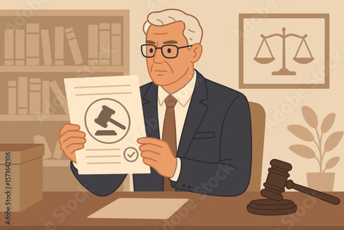Mature lawyer in office holding legal document with gavel symbol, law and justice approval paper, attorney at desk, court judgment, legal profession, justice system concept