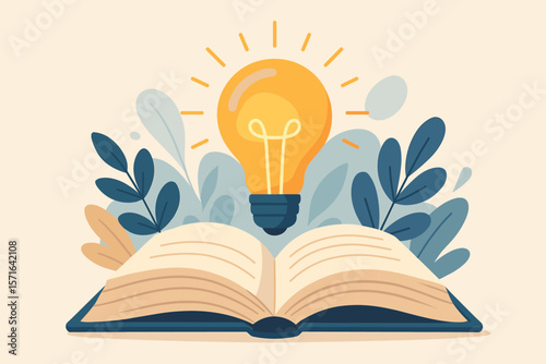 Glowing Light Bulb Above Open Book. Inspiration, Creativity, Innovation, Self Learning, Education, Knowledge, Business Study, Reading Motivation, Modern Vector Concept