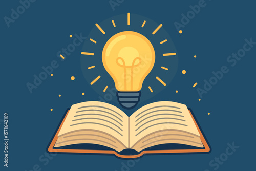 Glowing Light Bulb Above Open Book Symbolizing Inspiration, Creative Ideas, Innovation, Self Learning, Knowledge, Education, Business Study, Reading Motivation Concept