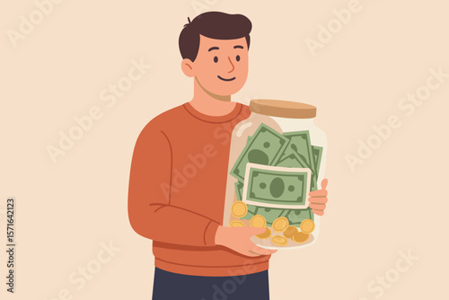 Man holding glass jar filled with cash and coins, donation and charity savings concept, fundraising, financial support, giving, economic stimulus, rescue package illustration