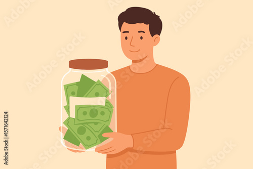 Smiling man holding glass jar full of cash with donate label, charity giving, fundraising, saving money, donation concept, financial support, economic aid, relief fund