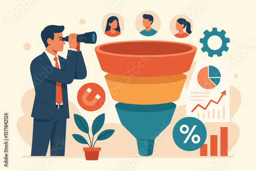 Businessman Analyzing Marketing Funnel for Lead Generation, Sales Prospect Discovery, Customer Data Insights, Conversion Rate Optimization, Martech Analytics Concept