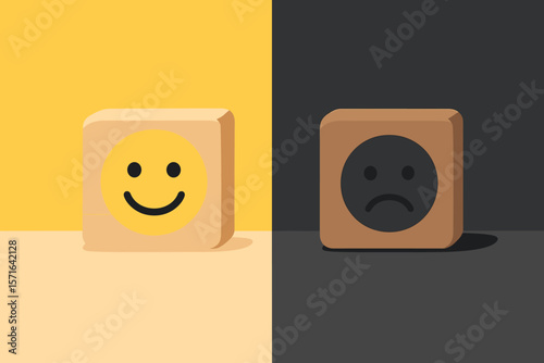 Emotional state and mental health concept. Happy smile face in bright light, sad face in dark shadow on wooden block. Positive mindset, mood disorder, depression, psychology vector