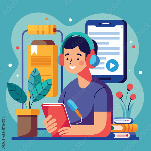 A person enjoying audiobook streaming with headphones and tablet listening to online content with plant and books