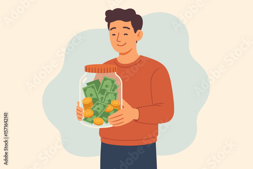 Man holding money jar with cash and coins, donation and charity fundraising concept, saving for financial aid, giving, support, economic rescue, help, relief, finance