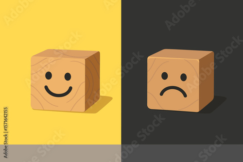 Emotional state mental health concept. Happy and sad face on wooden blocks. Positive and negative mindset. Mood disorder choice. Depression and optimism. Flat vector illustration.