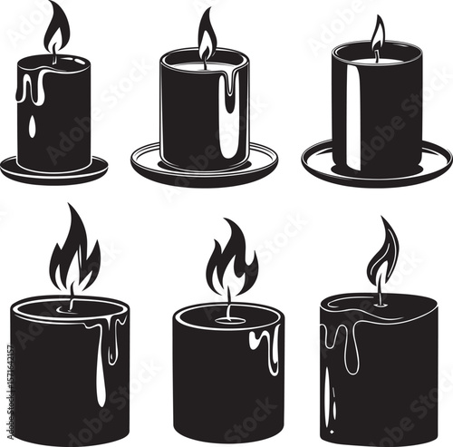 Set of Six Black Candle Silhouettes with Lit Flames and Dripping Wax, Vector illustration 