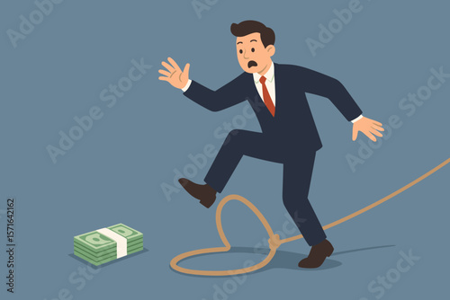 Greedy Businessman Caught in Money Trap. Financial Fraud Risk, Investment Scam Danger, Deceptive Opportunity, Economic Threat, Cautionary Business Concept, Rope Snare Symbolism