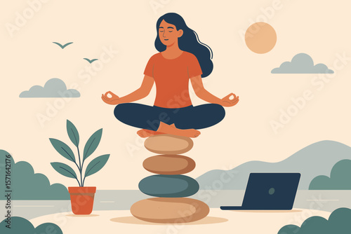 Mindfulness meditation for work life balance, mental health healing, relaxing yoga outdoors, peaceful woman in lotus pose on stacked stones, freedom, calm, solitude, nature