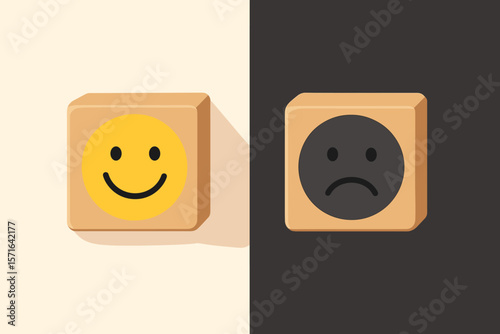 Mental health emotion concept. Happy smile face and sad face on wooden blocks. Positive negative mindset, mood disorder, depression, bipolar, psychology, decision choice vector
