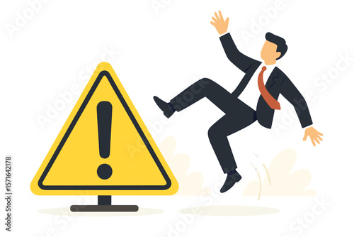 Business Risk Warning Concept, Cautious Businessman Slipping on Exclamation Sign, Danger Alert, Mistake Prevention, Workplace Safety, Accident Hazard, Failure Avoidance