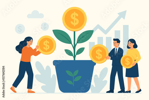Mutual fund investment growth, wealth management, financial profit, stock market earnings, savings and growing money concept, people adding coins to money plant, financial success