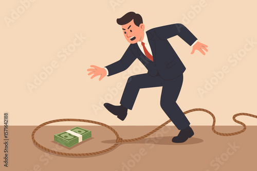 Greedy Businessman Stepping Into Money Trap, Financial Fraud Risk, Investment Scam, Danger of Greed, Concept of Deception, Threat, Financial Loss, Business Danger, Trap