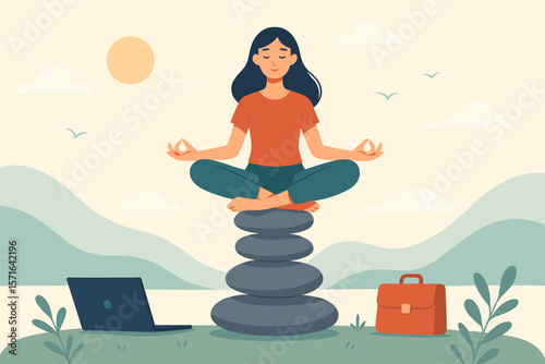 Mindfulness meditation for work life balance, mental health healing, relaxing yoga outdoors, peaceful woman meditating on stones, stress relief, freedom, solitude, nature