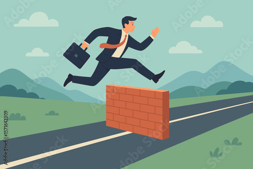 Businessman Jumping Over Brick Wall Barrier on Road. Overcoming Obstacles, Solving Business Problems, Career Challenge, Success, Determination, Effort, Decision Concept Illustration