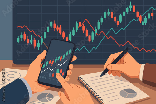 Business hands analyzing stock market data, smartphone trading, financial planning, technical analysis, candlestick chart, price indicators, investment strategy, market trends