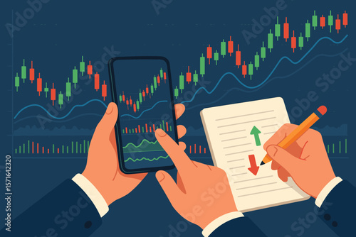 Stock market trading strategy planning, business hands with smartphone, candlestick chart analysis, technical indicators, financial investment, up and down trends, notes
