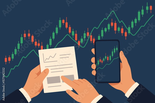 Business Hands Analyzing Stock Market Data with Smartphone, Financial Planning, Strategy, Technical Analysis, Candlestick Chart, Investment, Trading, Green Red Indicators