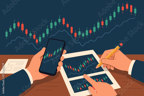 Business Team Analyzing Stock Market Data with Smartphone and Paper, Technical Price Graph, Red Green Candlestick Chart, Financial Planning Strategy, Investment Analysis