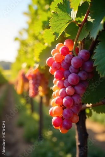 Sun-Drenched Autumn Grape Harvest Ripe Bunches Hanging Heavy on the Vine, Ready for Picking.  A picturesque scene showcasing vibrant colors and the bounty of the seasons peak.