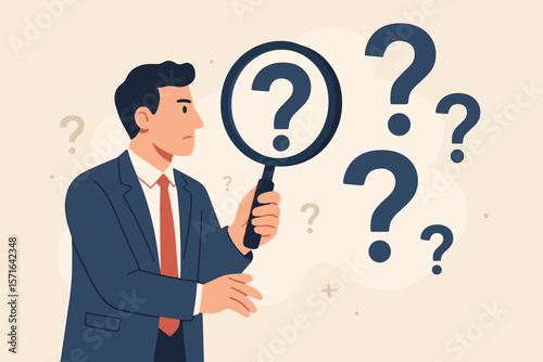 Businessman Analyzing Problem Root Cause Investigation, Incident Management, Solution Search, Threat Discovery, Uncertainty, Magnifying Glass, Question Mark Concept Illustration