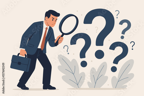 Businessman Analyzing Problem Solving Root Cause Investigation Incident Management Solution Search Discover Threat Uncertainty Magnifying Glass Question Mark Concept