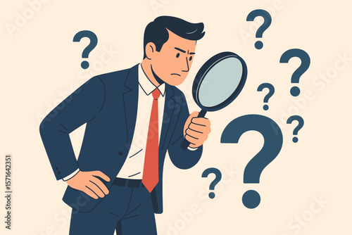 Businessman Investigating Problem Analysis, Root Cause, Incident Management, Solution Discovery, Threat Detection, Uncertainty, Magnifying Glass, Question Marks Concept