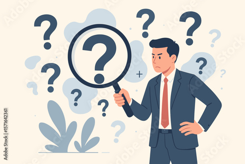 Businessman Analyzing Problems with Magnifying Glass, Root Cause Investigation, Solution Finding, Risk Assessment, Uncertainty, Incident Management, Question Mark Concept