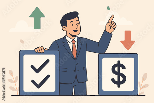 Businessman Illustrating Cost Reduction and Quality Improvement, Project Management Strategy, Budget Control, Financial Planning, Quality Assurance, Success Metrics, Up and Down Arrows