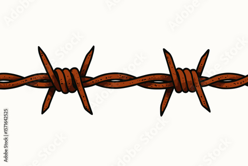 Rusty Barbed Wire Vector Illustration. Isolated Sharp Metal Fence, Security Barrier, Protection Symbol. Grunge Old Spiked Wire, Borderline, Prison Wall Concept on White Background