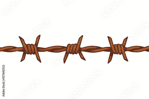 Rusty barbed wire vector isolated on white background. Old metal fence, sharp twisted wire, security barrier, protection border, cartoon illustration, rustic industrial element