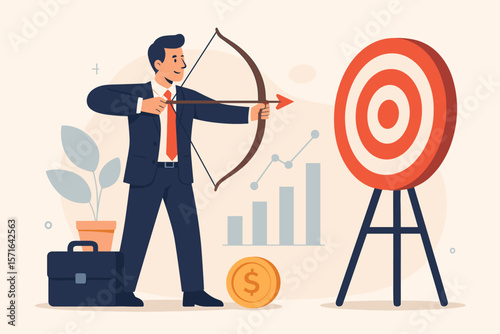 Business setup and objective targeting illustration, modern flat vector cartoon, goal achievement concept, strategic planning, success, teamwork, growth, business development