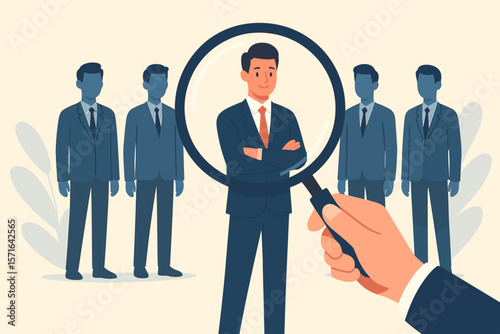 Recruitment concept, HR headhunting, choosing best candidate for job vacancy, employer searching talent, human resources selection, magnifying glass, business team illustration