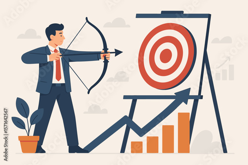Modern Flat Vector Cartoon Illustration of Business Setup, Objective, Target, and Goal Achievement Concept with Strategic Planning and Success Icons