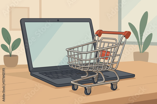 Online shopping concept illustration. Shopping cart and laptop on desk. E-commerce, internet retail, digital marketplace, buying goods online. Modern flat vector cartoon.